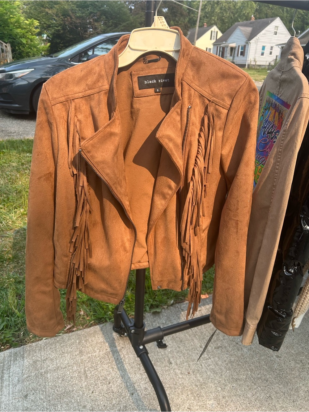 Black Rivet Tan Suede Fringe Moto Jacket